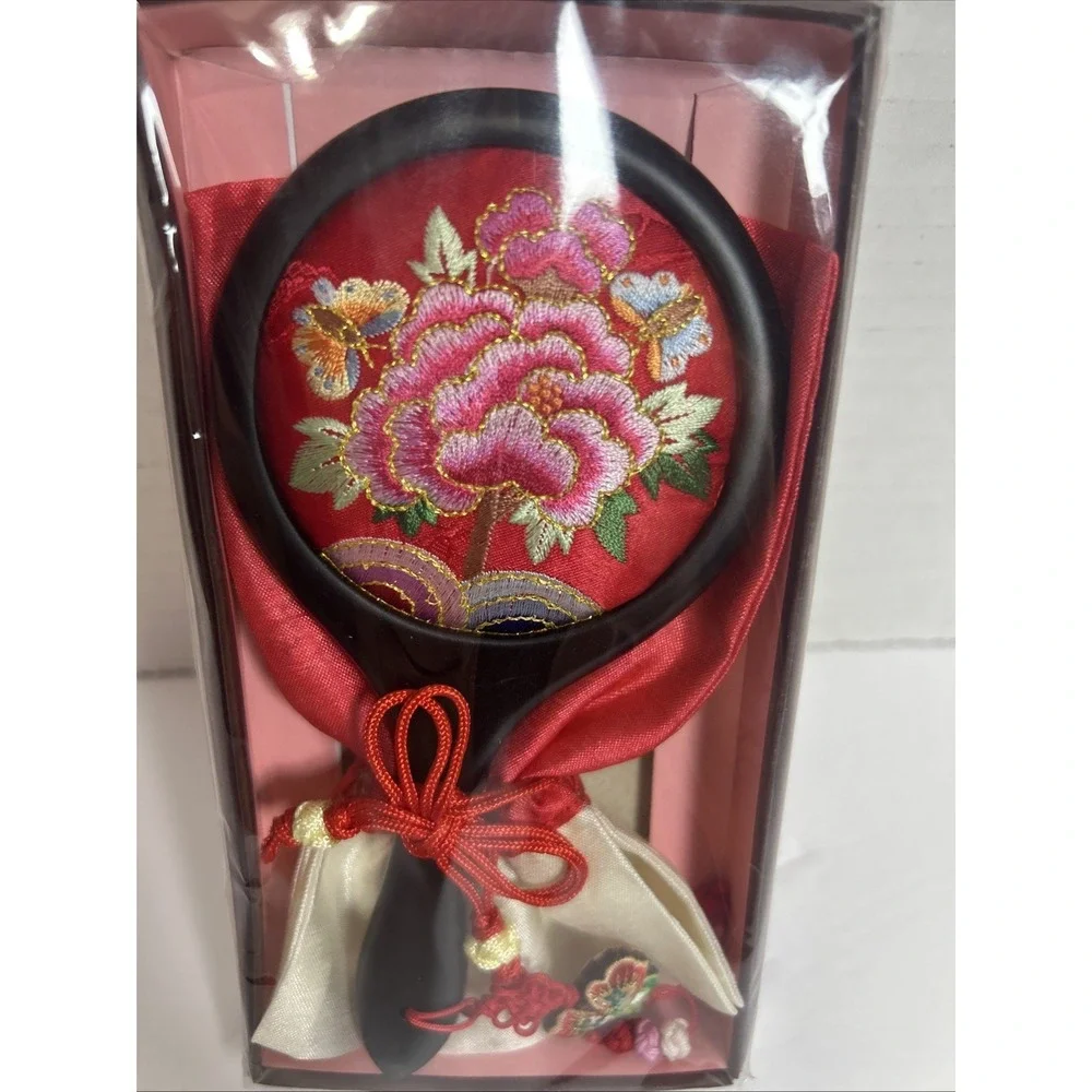 Embroidery Hand Mirror With‎ Peony Pattern New, Red